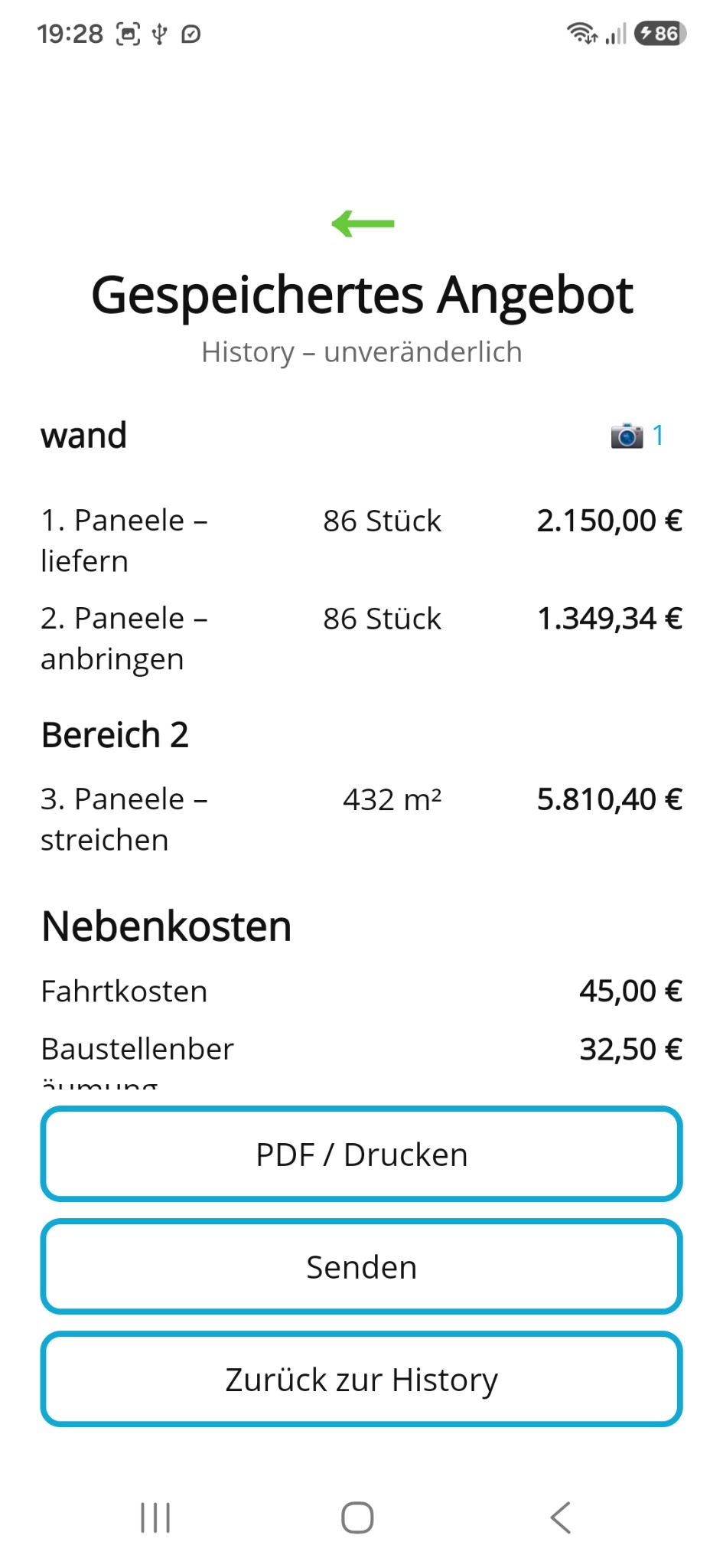 ProfiArbeit Angebotsplaner – gespeichertes Angebot in der History
