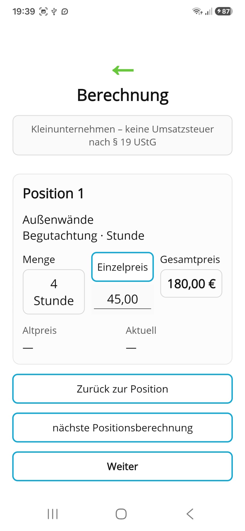 ProfiArbeit Angebotsplaner – Berechnung einer Position