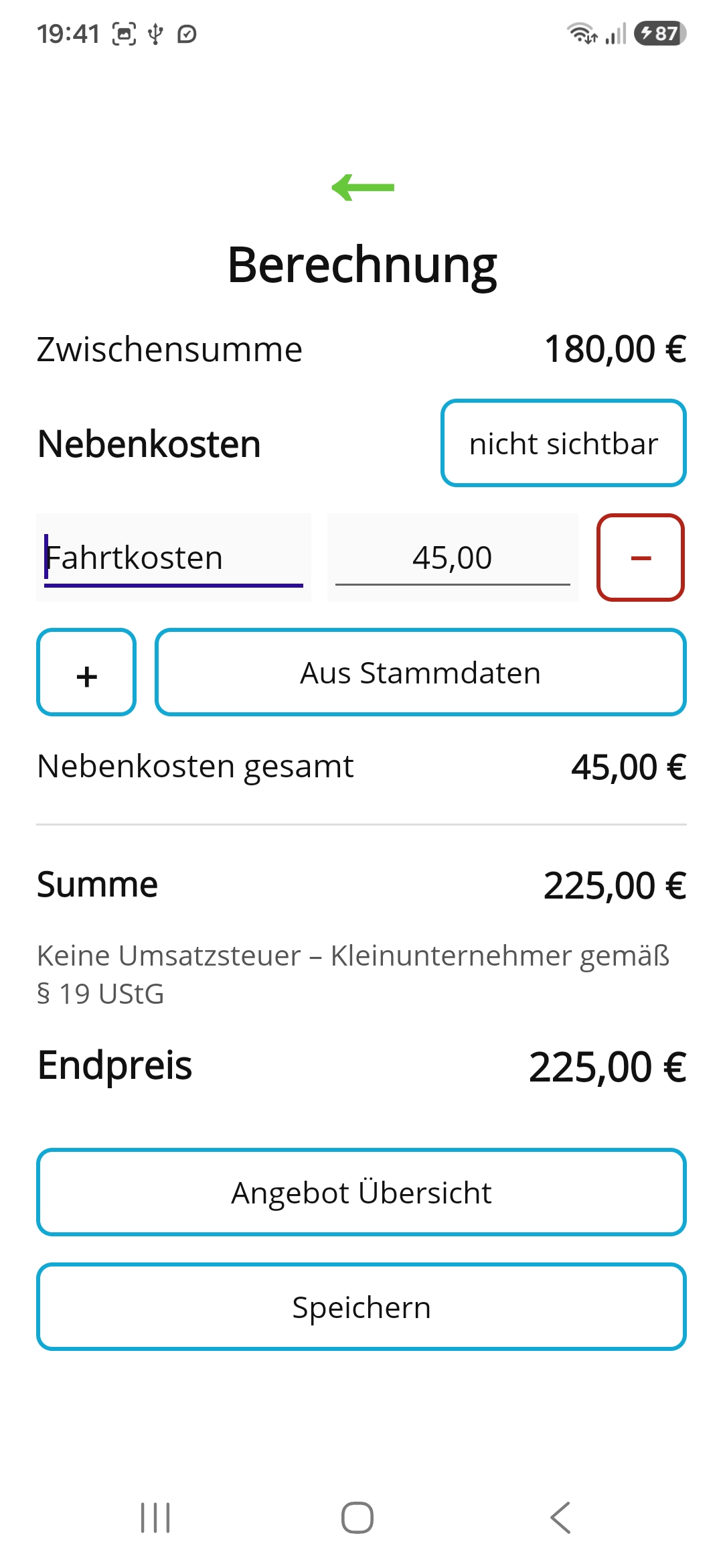 ProfiArbeit Angebotsplaner – Berechnung eines Angebots