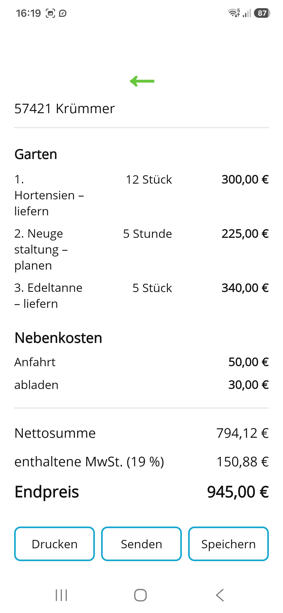 ProfiArbeit Angebotsplaner – Angebot mit MwSt. und Endpreis